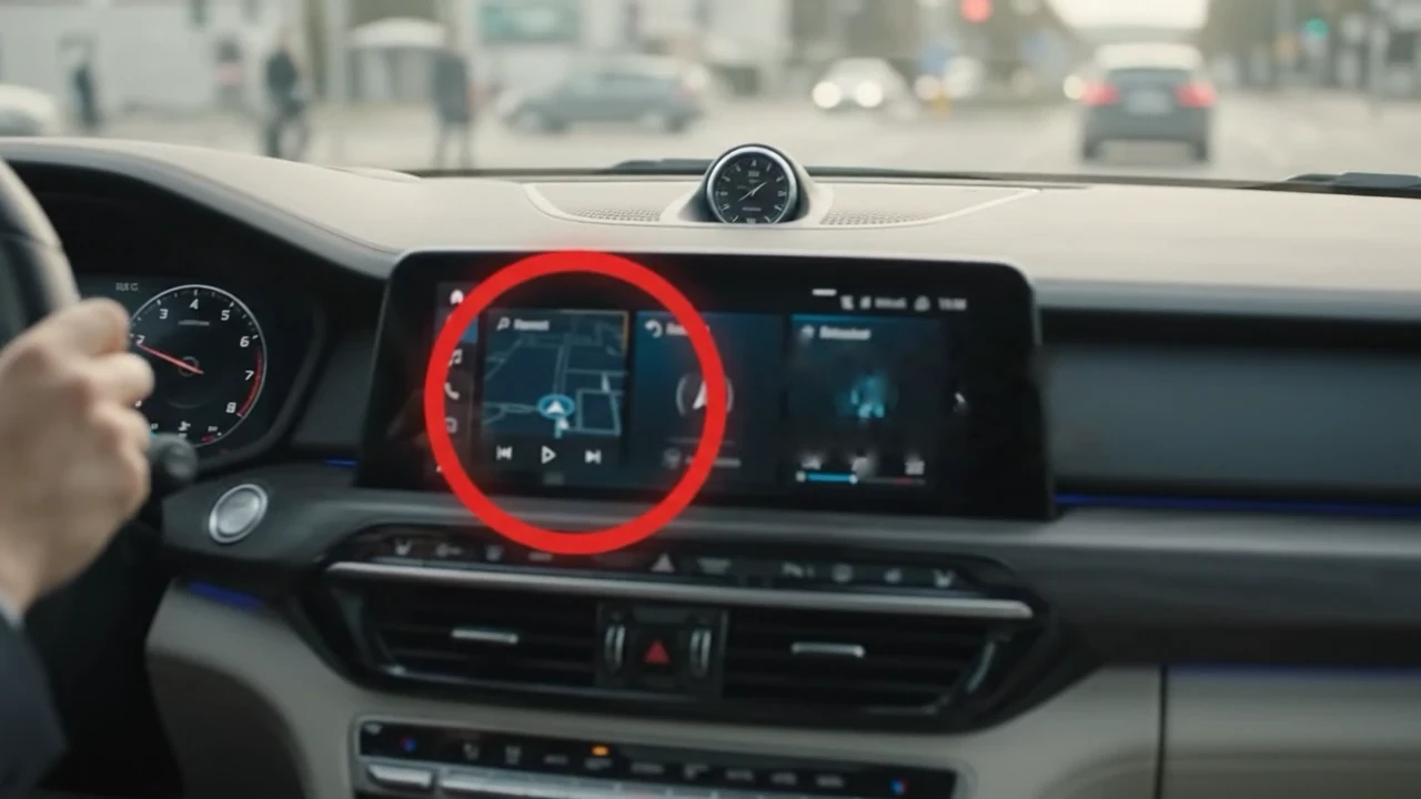 A driver's view of a car's dashboard screen.