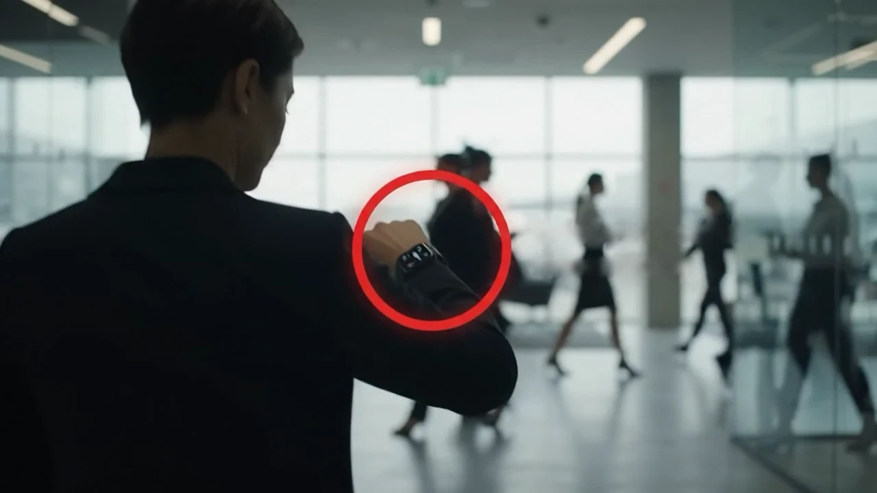 A woman in a busy office glances at her watch.