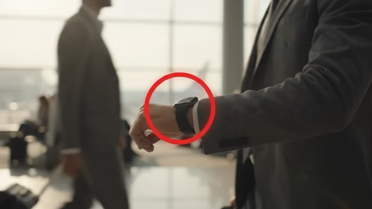 A traveller in an airport checks his watch.