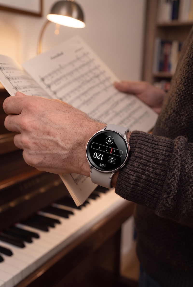 A singer holding sheet music, with Metronome running on his watch at 120 BPM in 4/4.